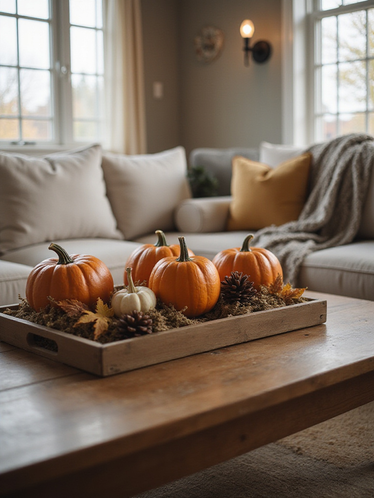 Coffee table decorated for autumn with pumpkins, gourds, and pinecones in a modern living room.
