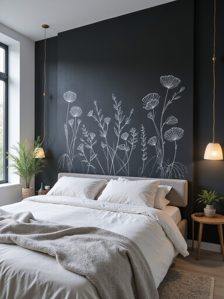Modern bedroom with a chalkboard wall featuring hand-drawn botanical illustrations.