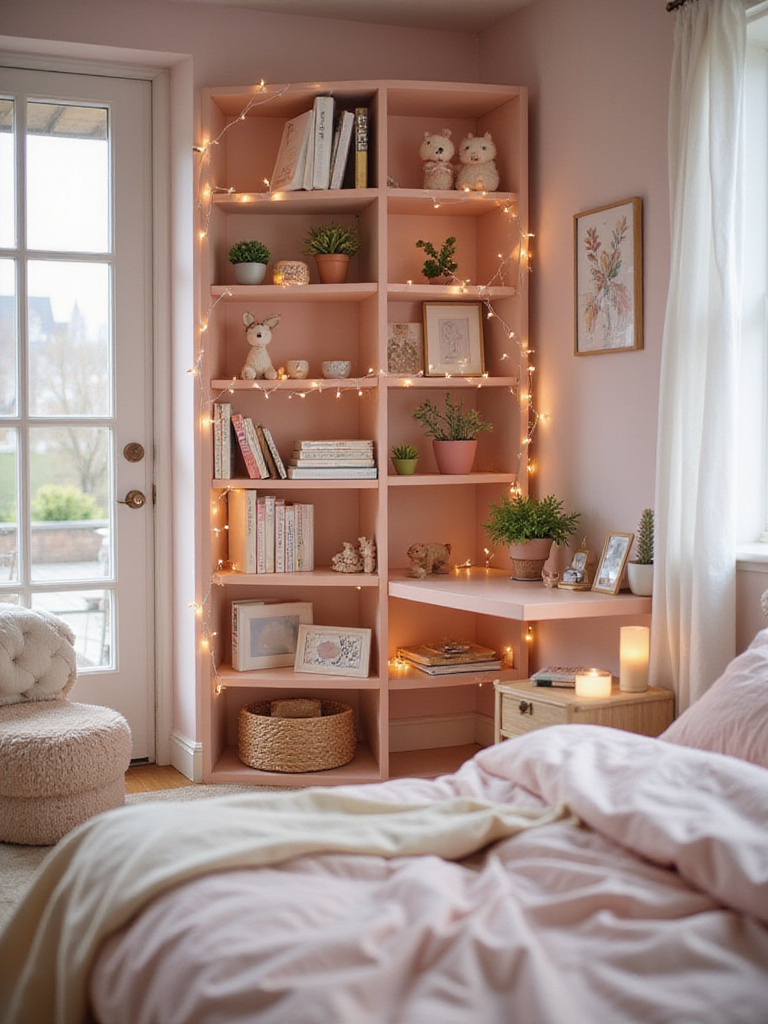 Chic pink bookshelf in a girl's bedroom filled with books and decorative items.