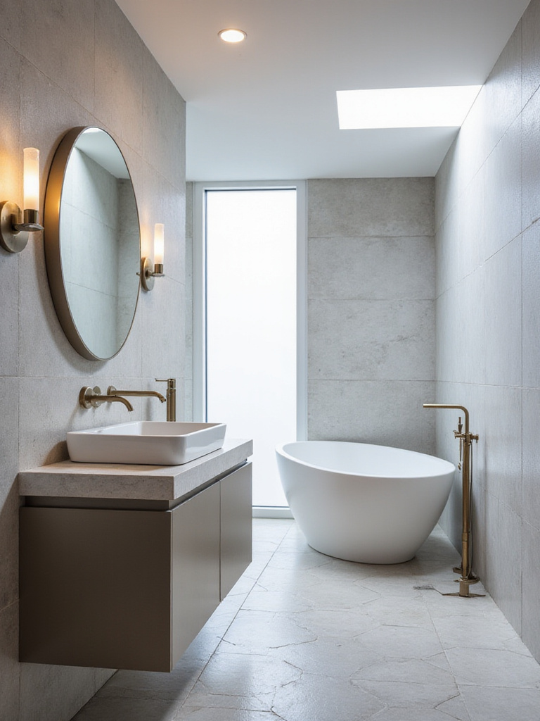 Modern bathroom with geometric shapes, round mirror, and sleek vanity.