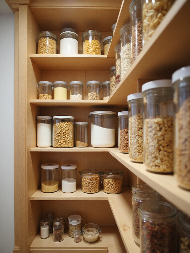 Organized pantry with clear containers holding various dry goods.