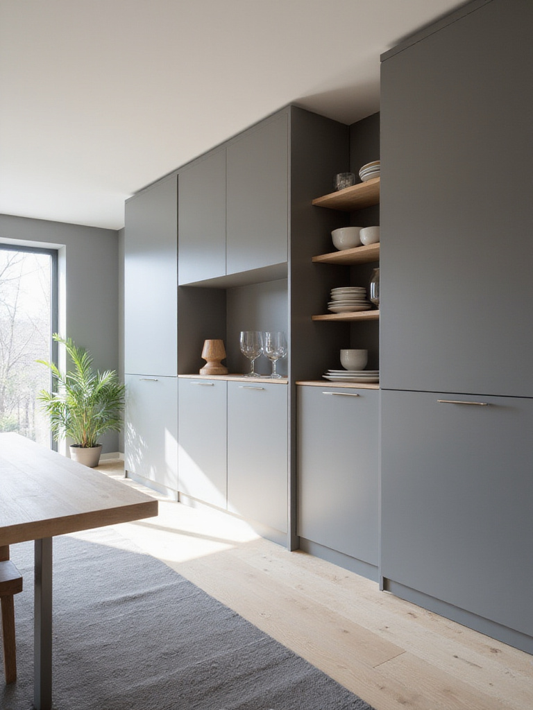 Modern dining room featuring a sleek, gray built-in storage cabinet with open shelving and closed cabinets, maximizing space and minimizing clutter.