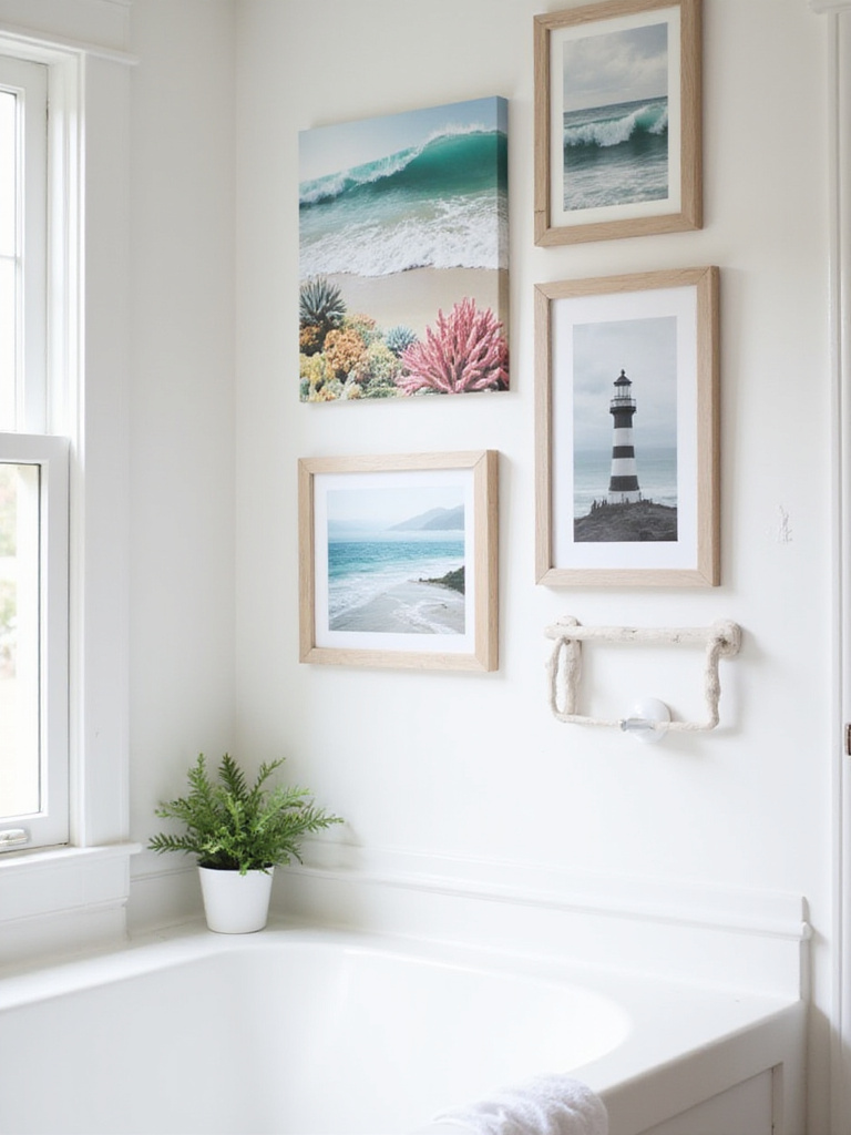 Beach-themed art gallery wall above a bathtub in a coastal bathroom