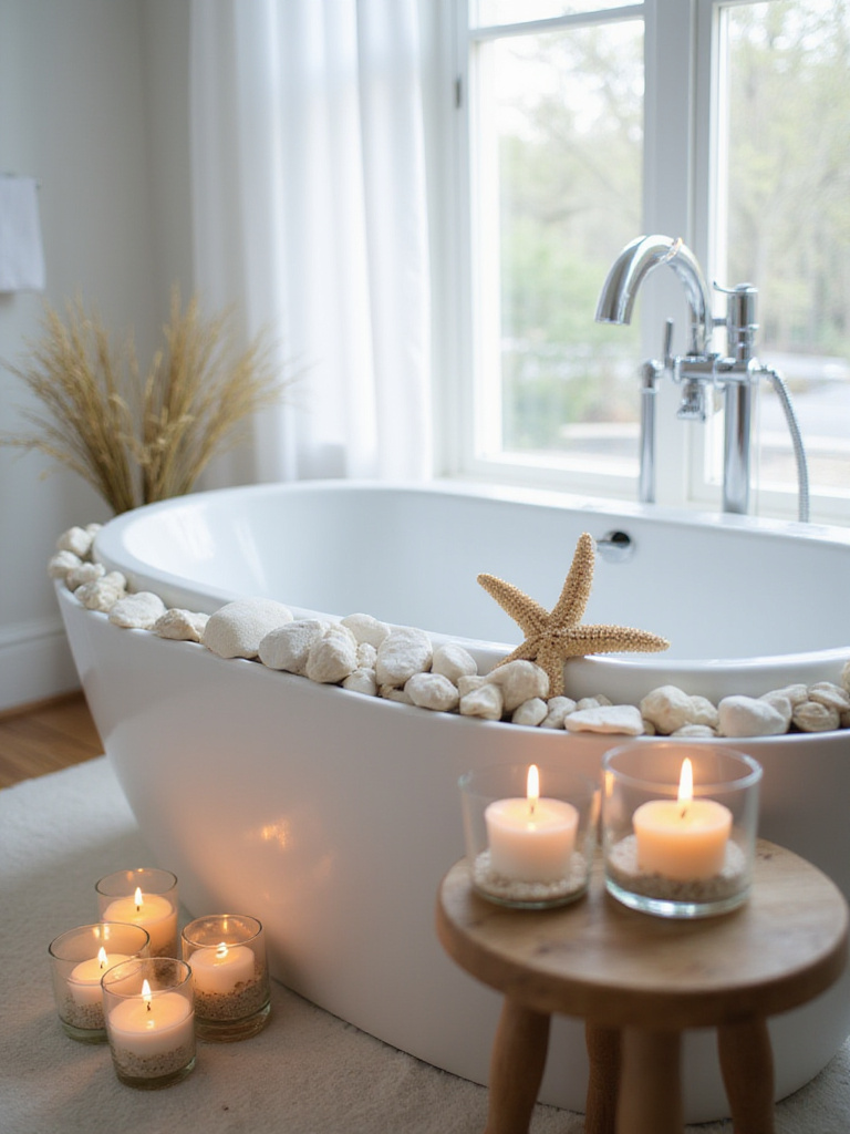 Beach bathroom with lit candles and coastal decor creating a relaxing ambiance