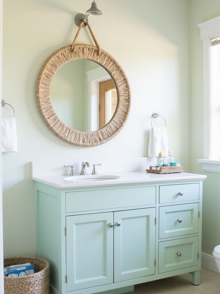 Coastal bathroom vanity with round rattan mirror.