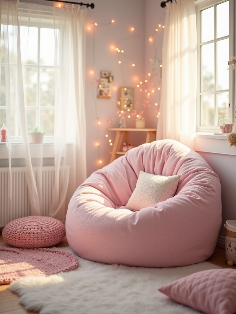 Pastel pink bean bag chair in a cozy girl's bedroom corner