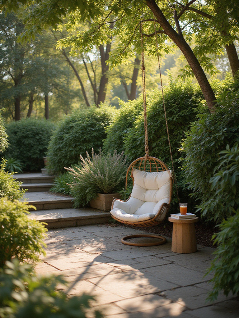 Backyard patio with egg swing chair surrounded by lush greenery for relaxation