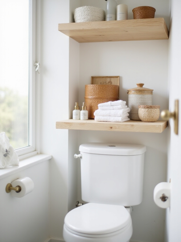 Decorative boxes on a bathroom shelf concealing toiletries and washcloths.