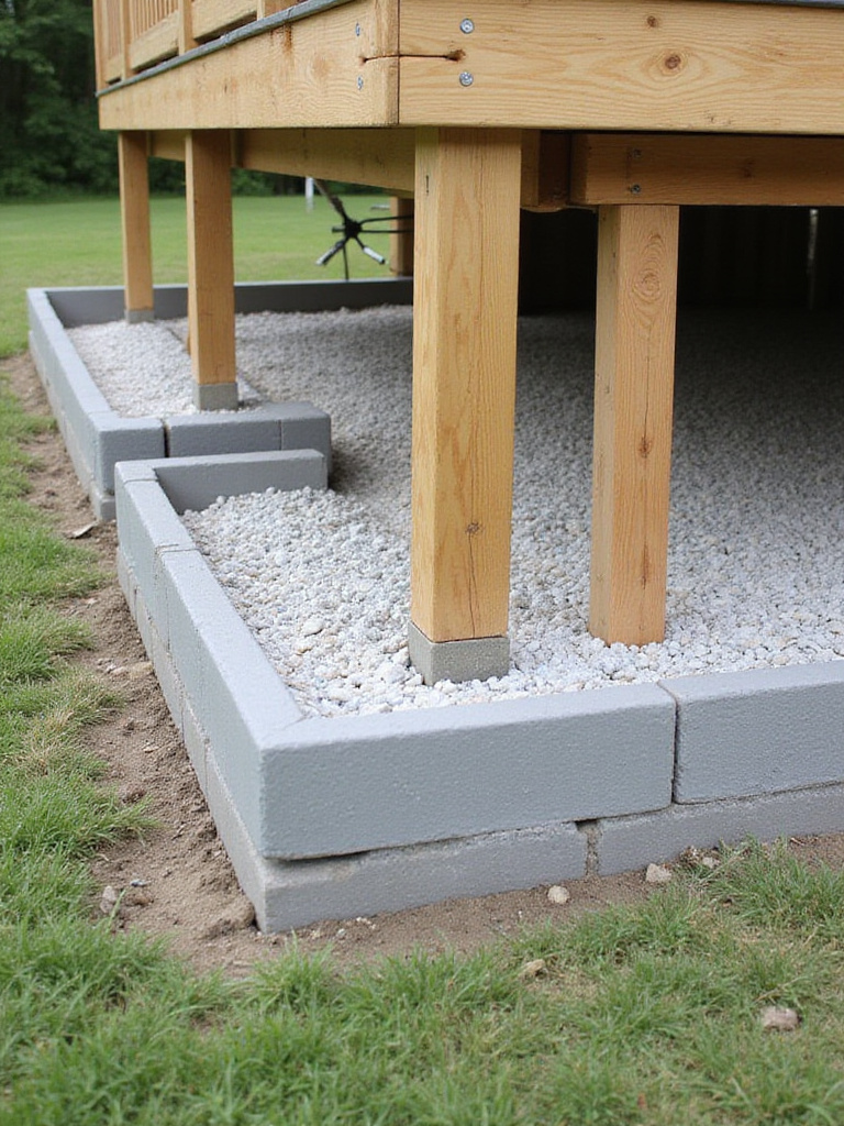 Concrete block footings placed on a gravel base supporting the wooden posts of a low-level deck foundation.