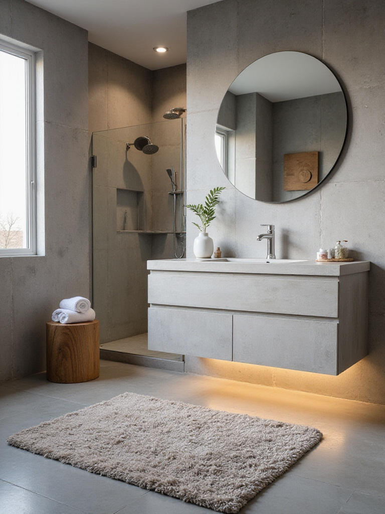 Modern bathroom design featuring concrete vanity, polished concrete floor, and concrete shower surround.