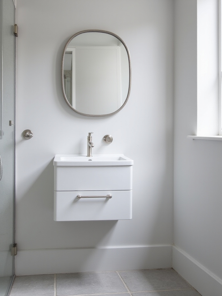 Small modern bathroom featuring light grey walls, a floating vanity, and consistent brushed nickel hardware on the faucet, towel bar, cabinet pull, and mirror frame, creating a unified and spacious feel.