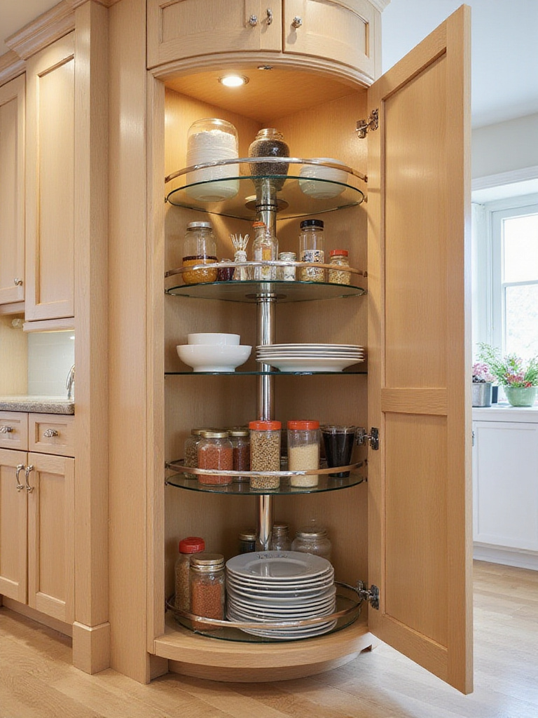 Two-tiered corner cabinet carousel with organized kitchen items