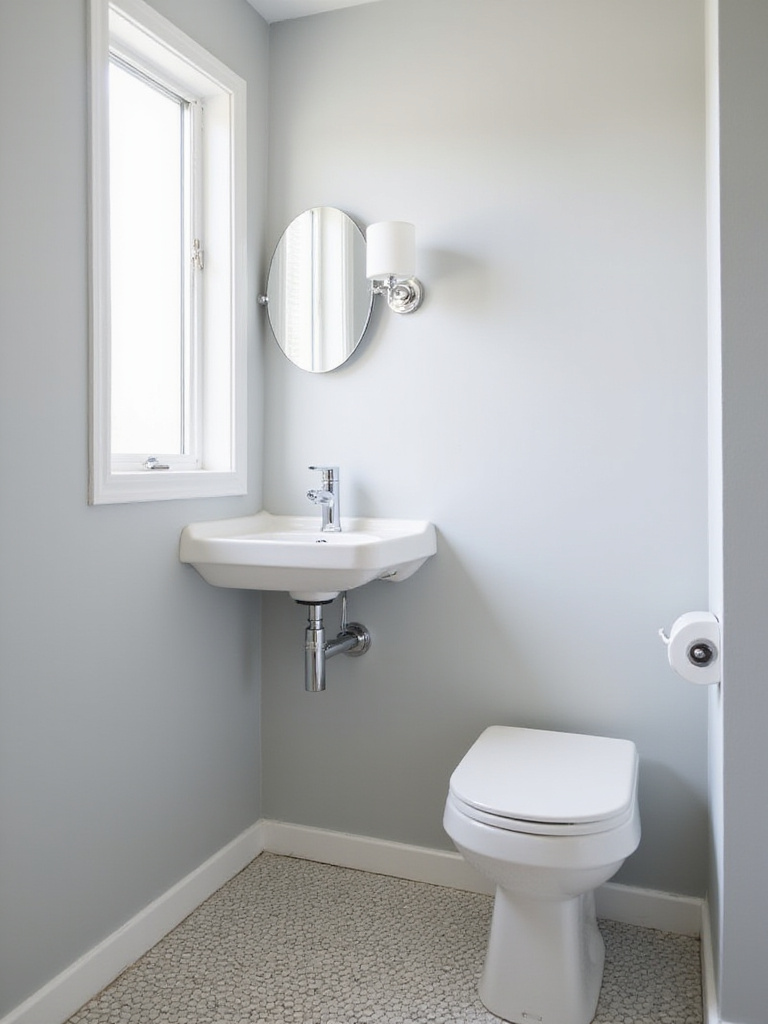 A small bathroom featuring a space-saving wall-mounted corner sink, a round mirror above it, and a toilet to the side, demonstrating efficient layout in a tight space.