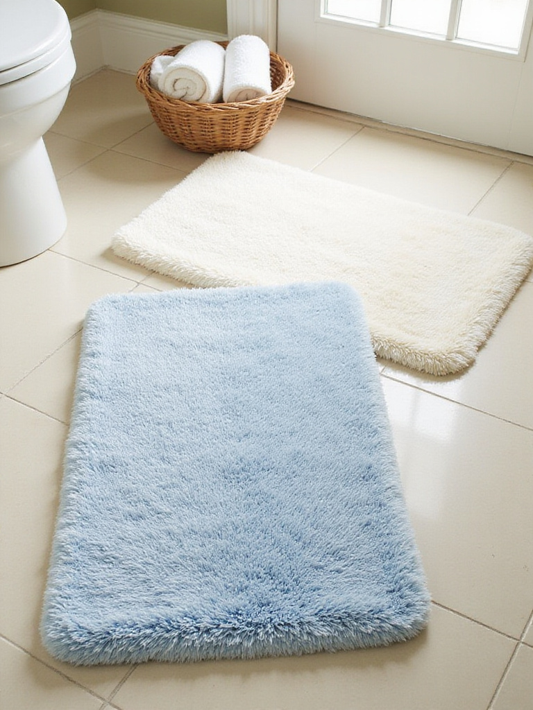 Plush cotton bath mats in blue and cream on a tile bathroom floor, creating a comfortable and beachy feel.