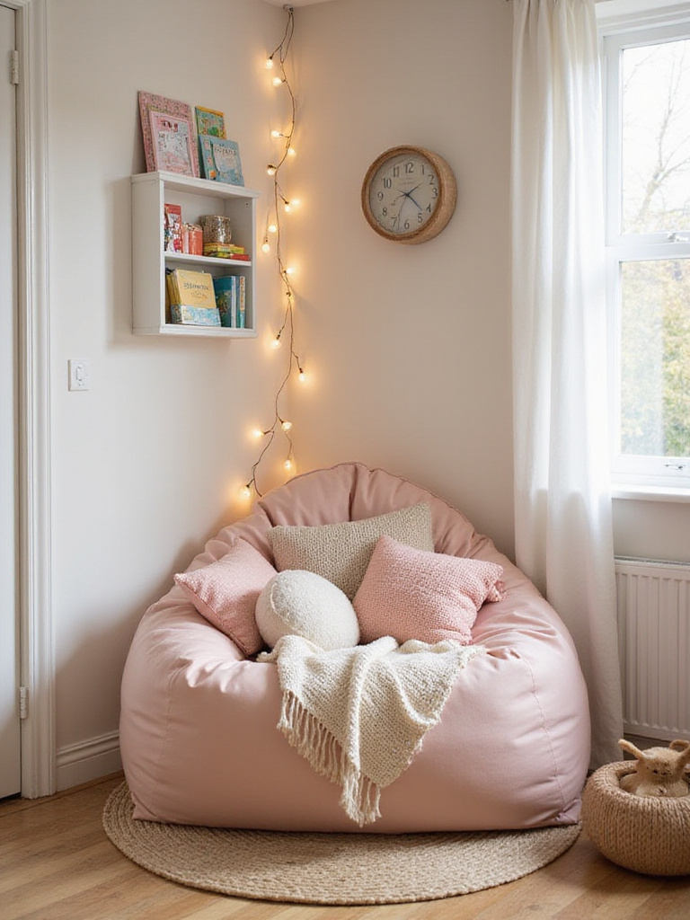 Cozy reading nook in a girl's bedroom with plush pillows and a warm blanket