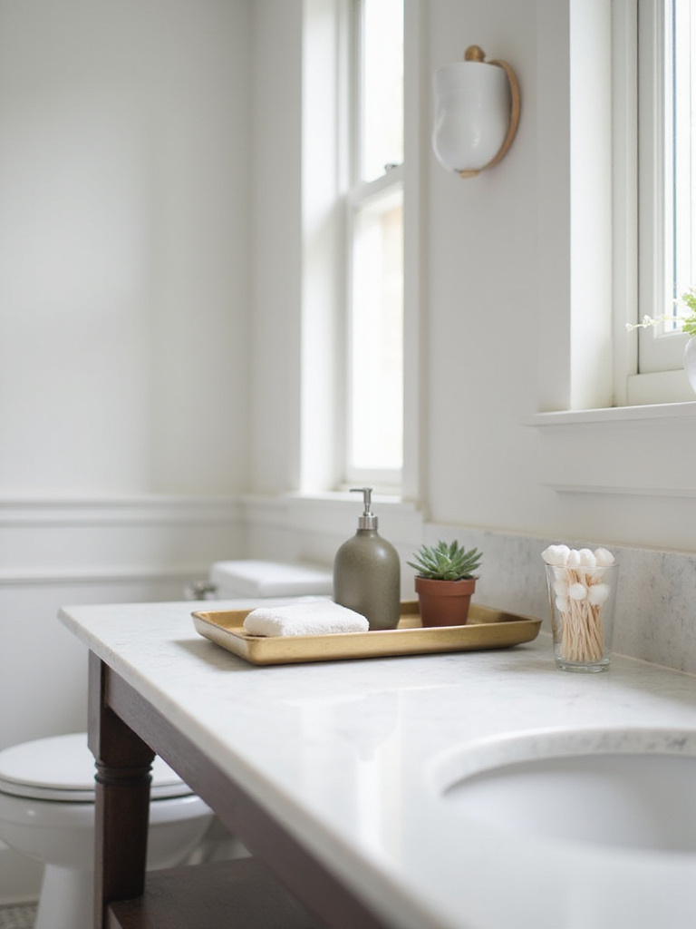 Brass tray on a marble bathroom countertop containing soap dispenser, succulent, and cotton swabs for organized storage.