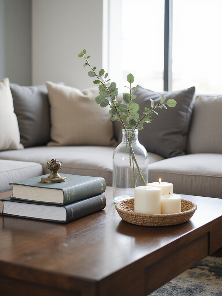 Coffee table decor featuring height variation with stacked books, a tall vase, and pillar candles
