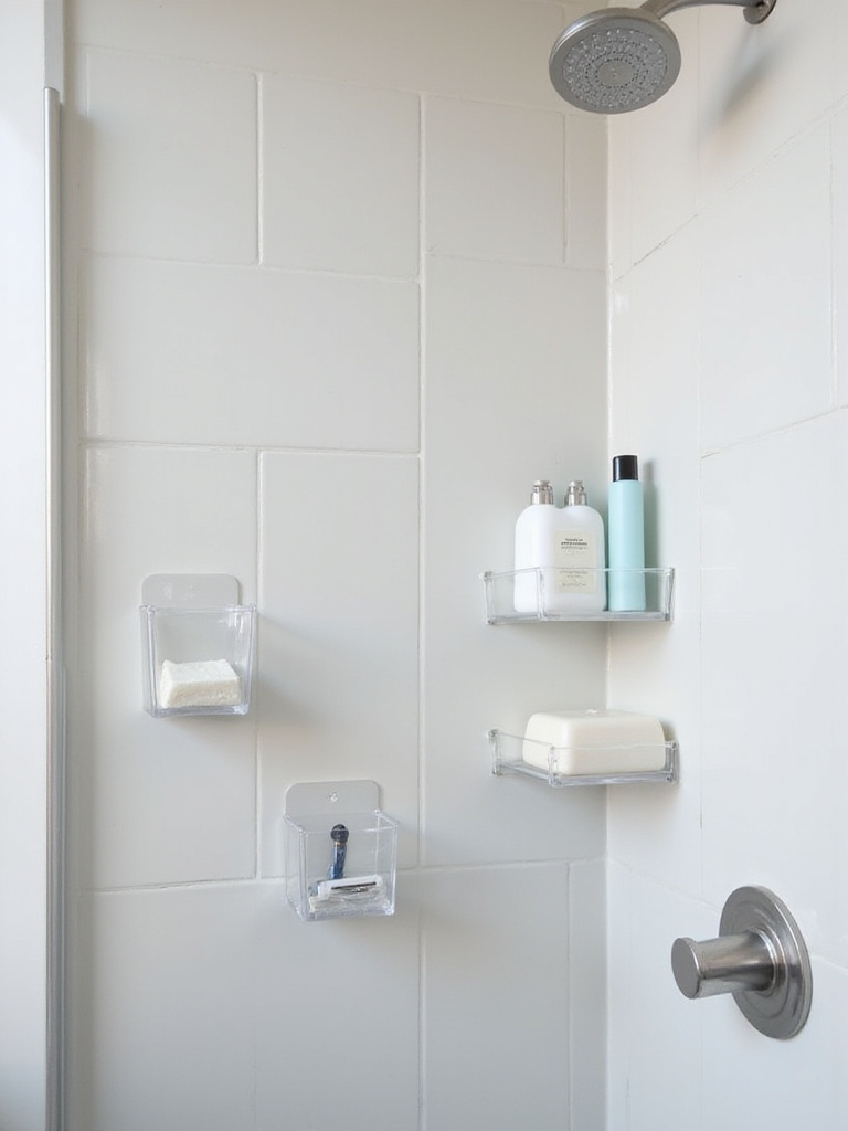 Suction cup organizers attached to a clean shower wall, maximizing space in a small bathroom.