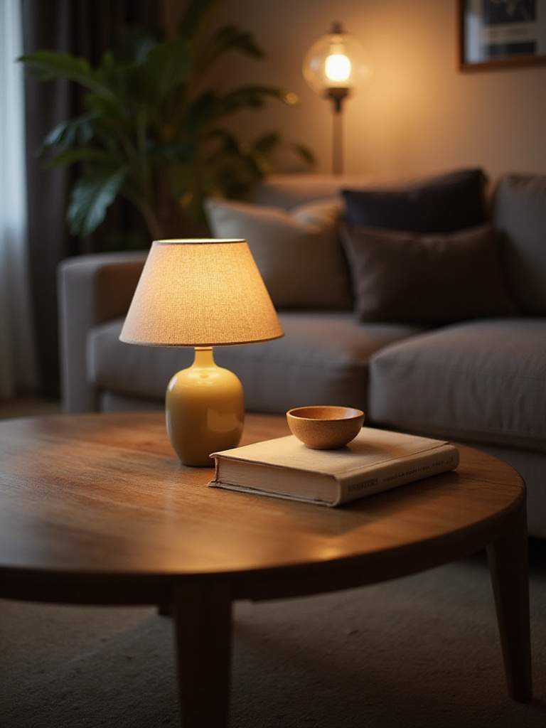 Coffee table decor featuring a small lamp providing soft illumination.