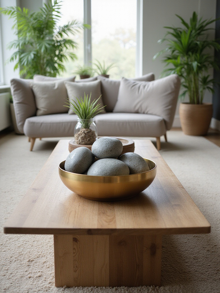 Decorative brass bowl on coffee table holding river stones and air plant.
