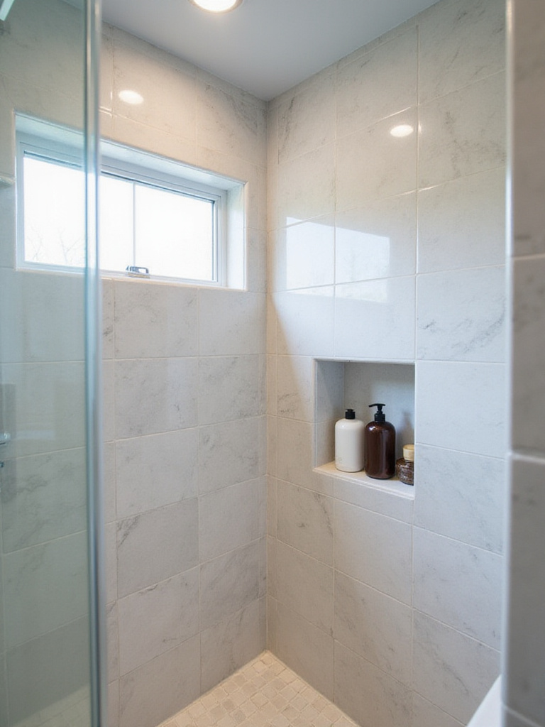 Small shower with a built-in marble-look tile niche holding shampoo and soap.