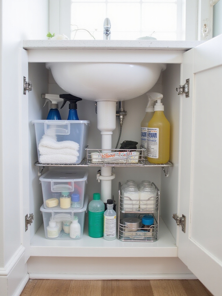 Organized under-sink bathroom cabinet with stackable bins and trays.