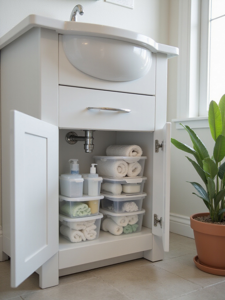 Stackable clear storage containers organizing bathroom supplies under the sink.