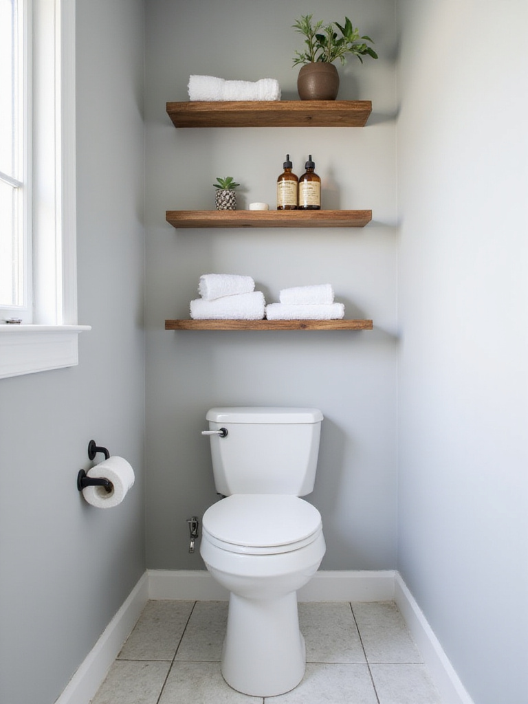 Small bathroom with stylish wooden floating shelves above toilet for storage.