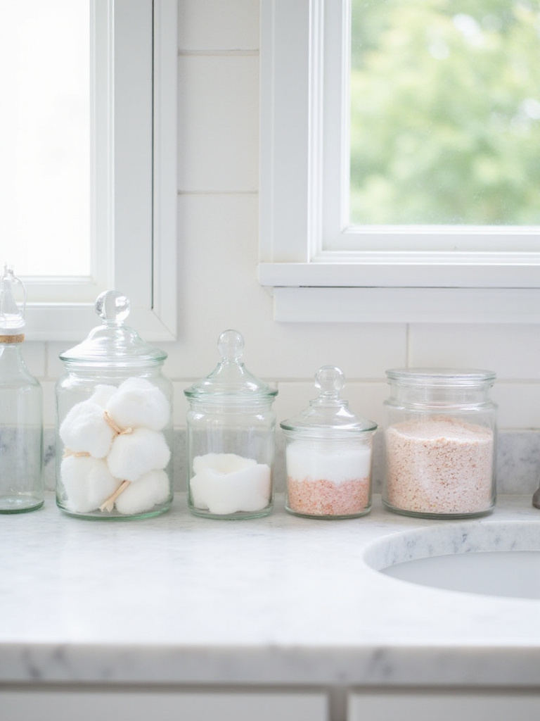 Clear jars and canisters filled with cotton swabs, cotton balls, and bath salts on a bathroom vanity.