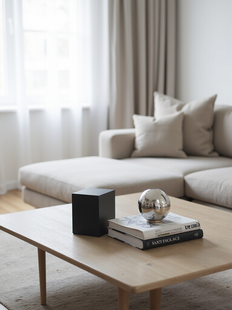 Modern coffee table decor with geometric shapes, including a sphere, cube, and geometric-patterned books.
