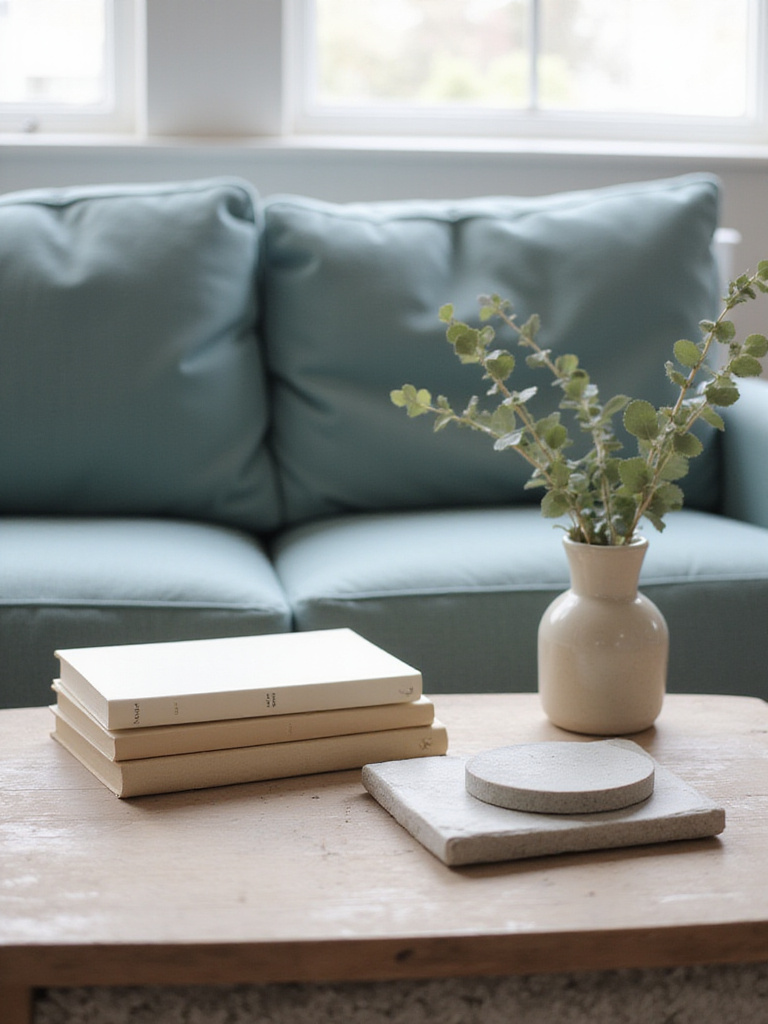 Coffee table decor with a cohesive color palette of beige, cream, gray, and muted teal.
