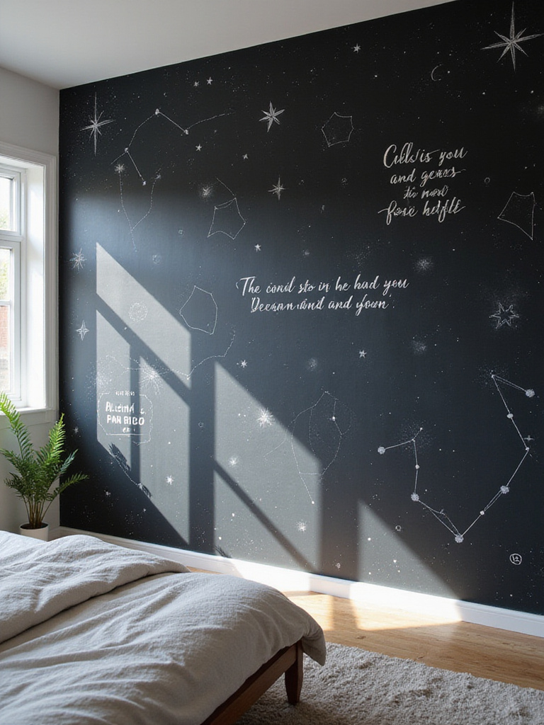 Bedroom with a chalkboard wall featuring chalk art and inspirational quotes.