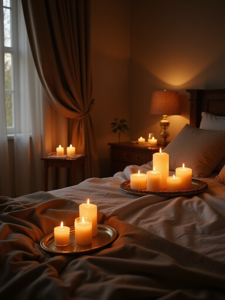 Romantic bedroom with soft lighting and scented candles creating a relaxing ambiance.