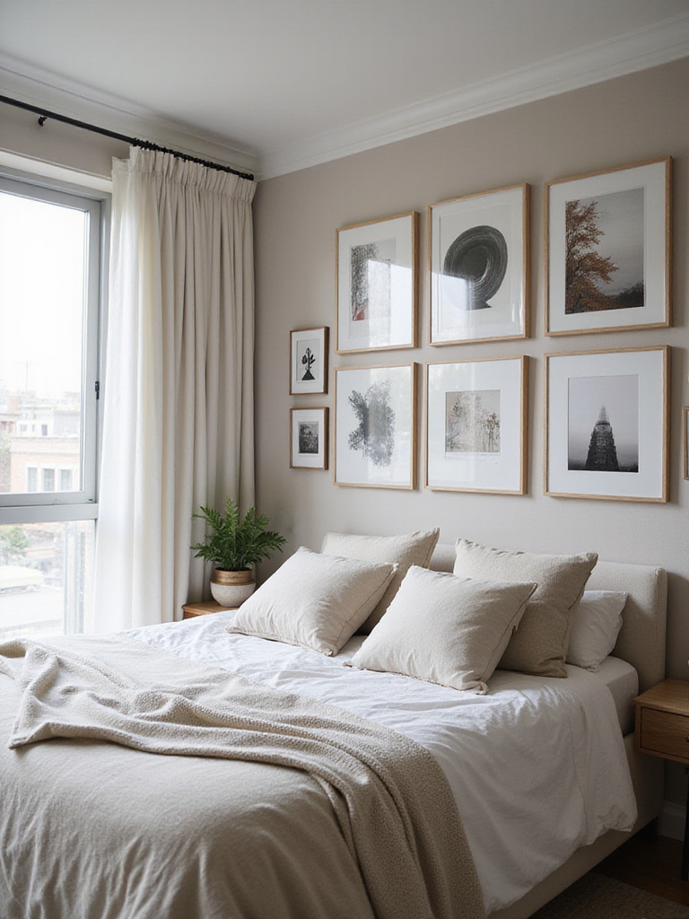 Bedroom gallery wall featuring framed photos and art above a bed.