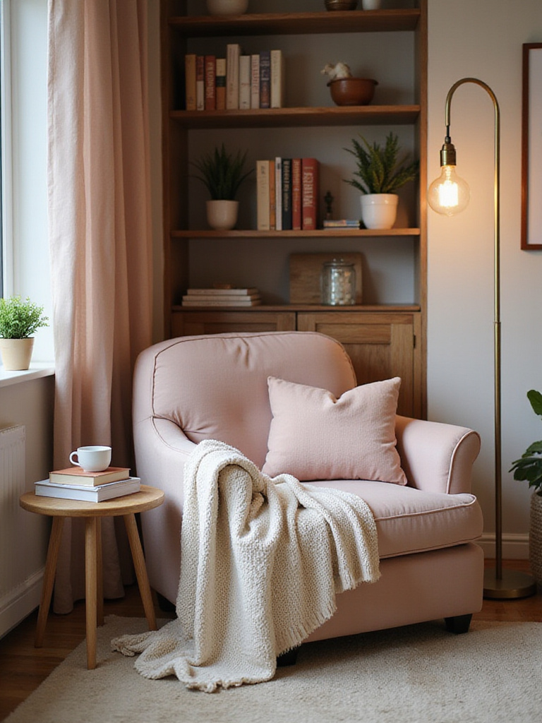 Romantic bedroom reading nook with plush armchair, soft lighting, and bookshelf.