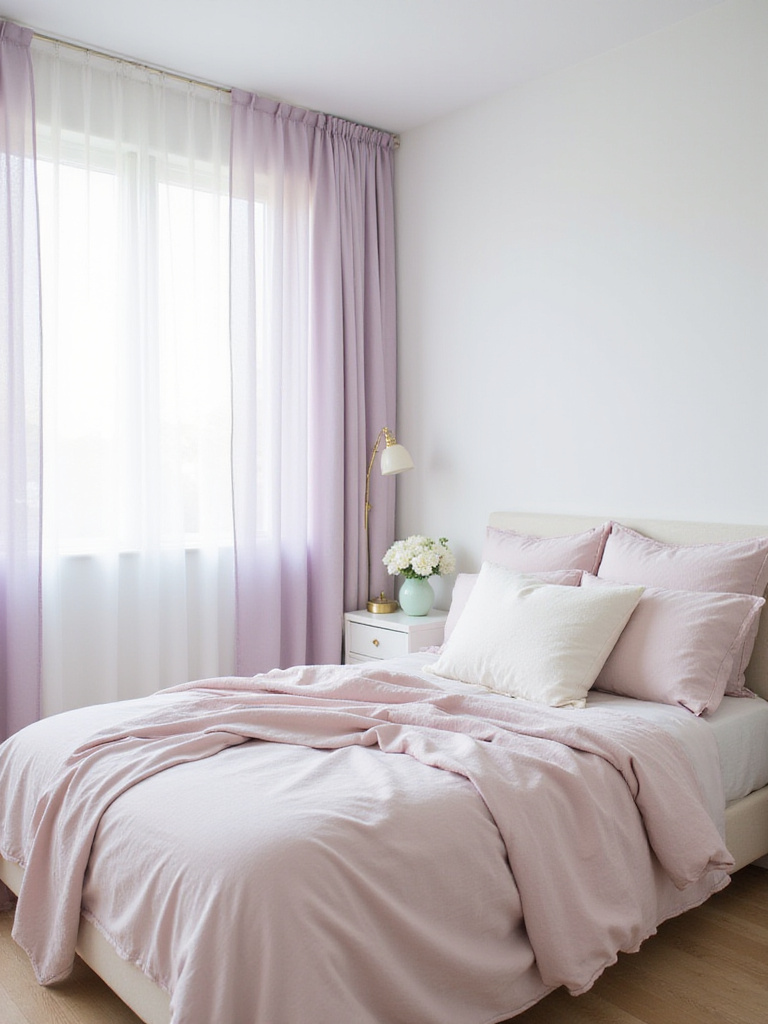 Serene bedroom with pastel color palette featuring blush pink bedding and lavender curtains.