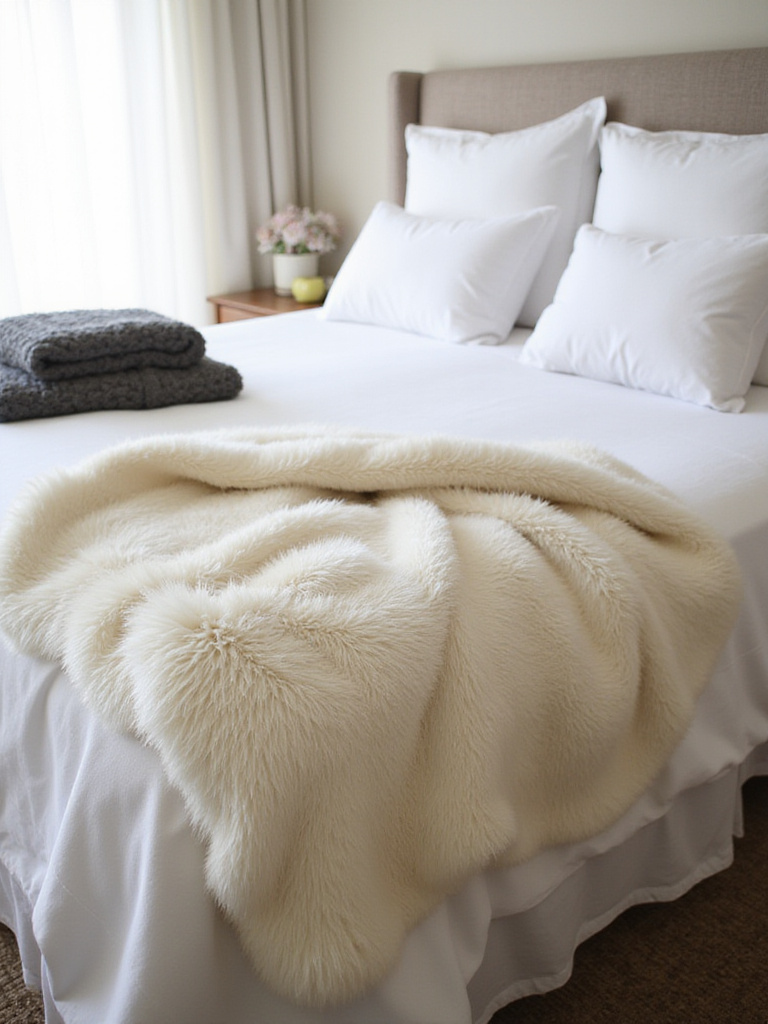 Cozy bedroom scene featuring a king-size bed with faux fur and chunky knit throw blankets.