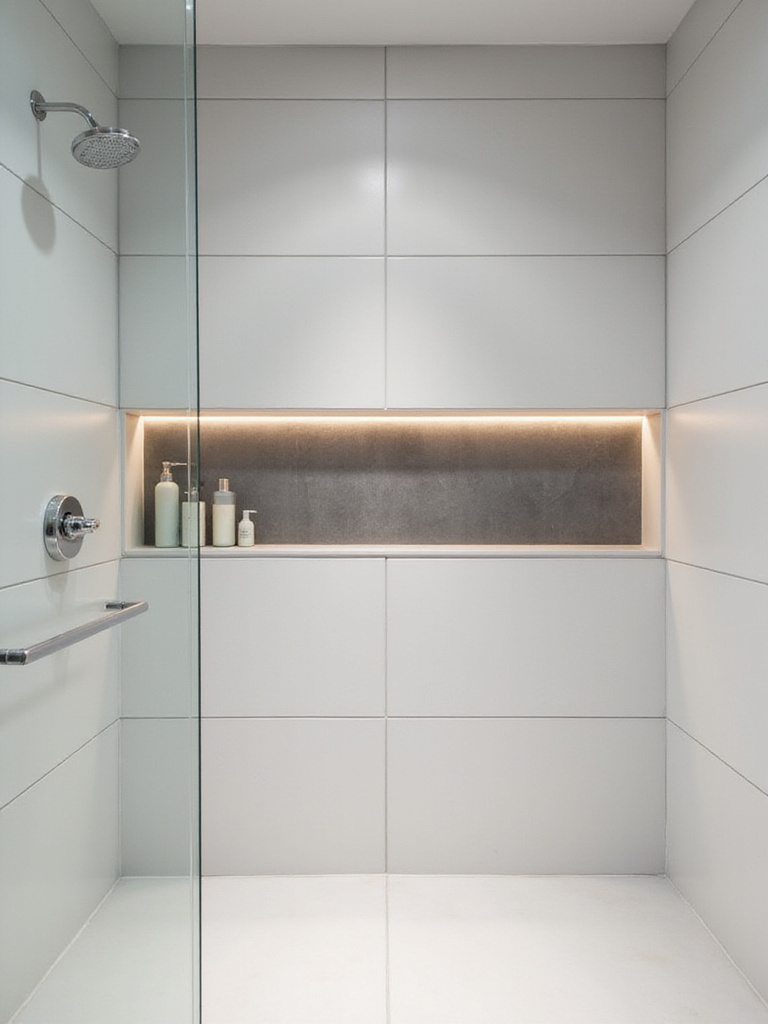 Modern bathroom shower with custom built-in niche shelving for toiletries
