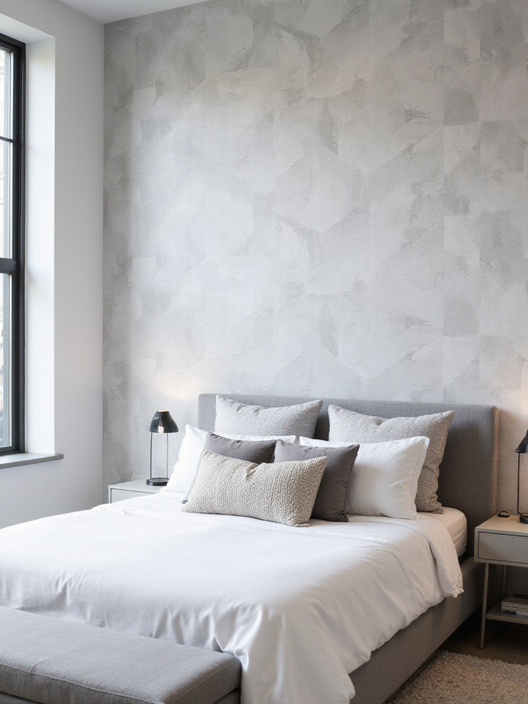 Modern bedroom with geometric 3D textured wallpaper accent wall