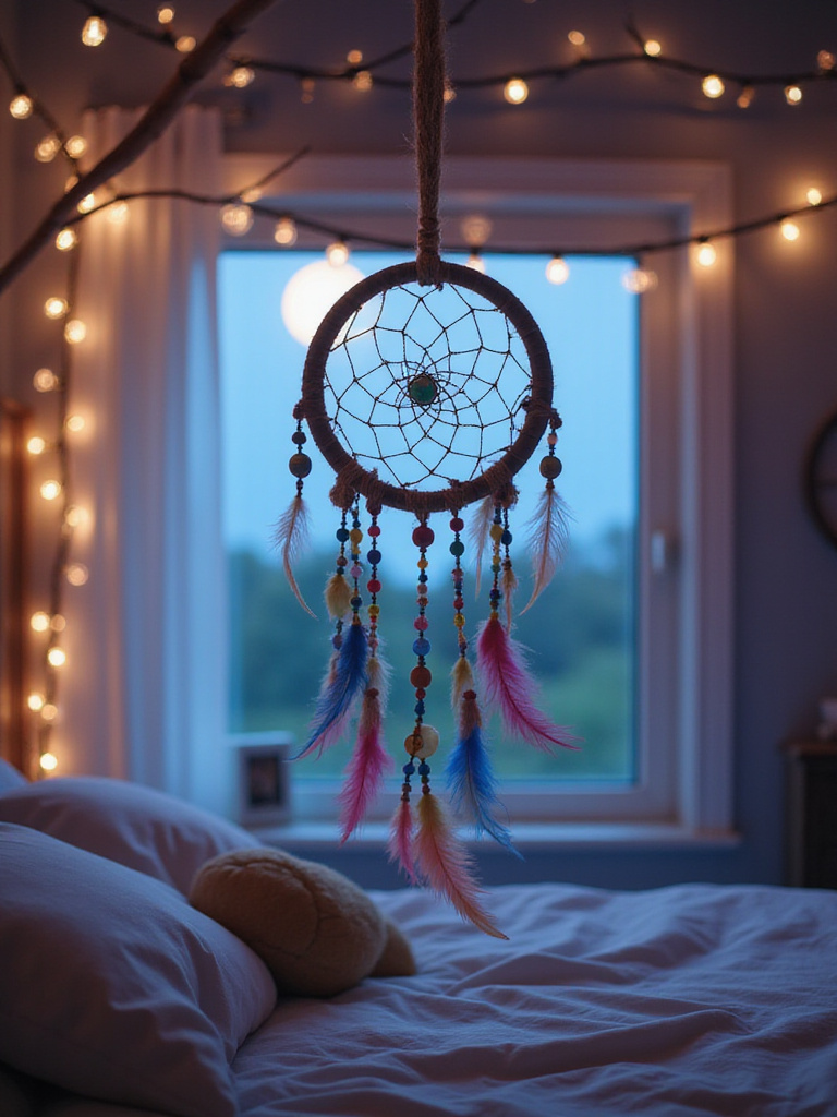 Handmade dream catcher hanging above a bed in a girl's bedroom, promoting sweet dreams