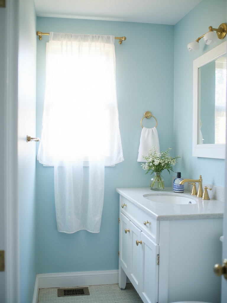 Bathroom vanity with freshly painted light blue walls