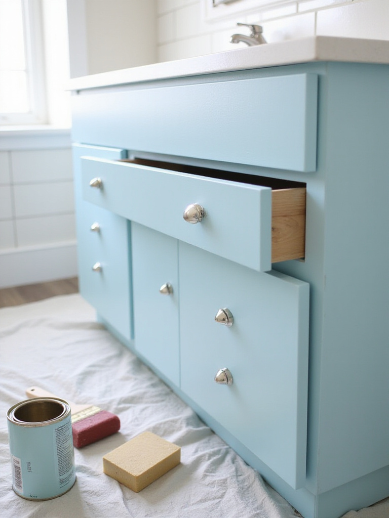DIY bathroom vanity makeover with paint and new hardware