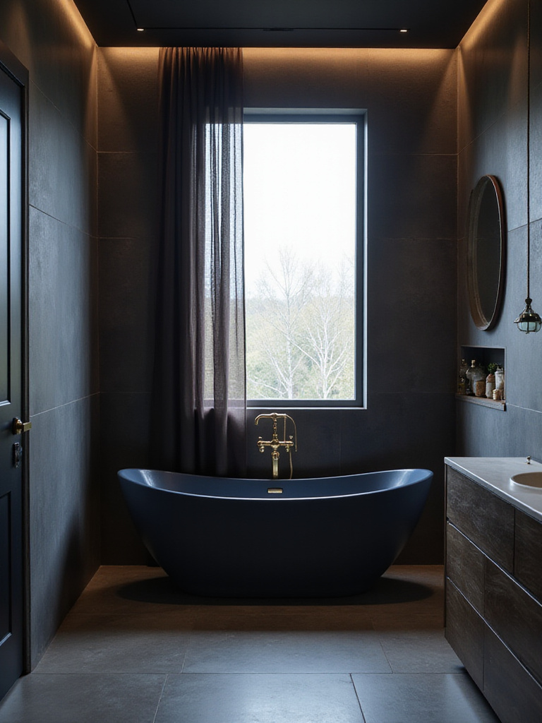 Modern bathroom design featuring dark grey walls, a deep blue bathtub, and brass fixtures.
