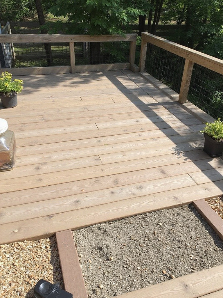 Modular interlocking wood-look deck tiles being installed over a simple base of leveled gravel on an outdoor patio, illustrating easy DIY flooring.