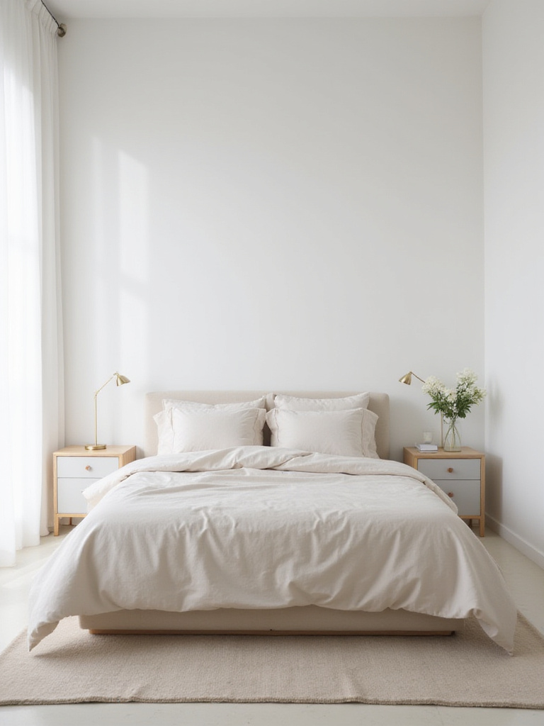 Serene and decluttered minimalist bedroom with soft lighting