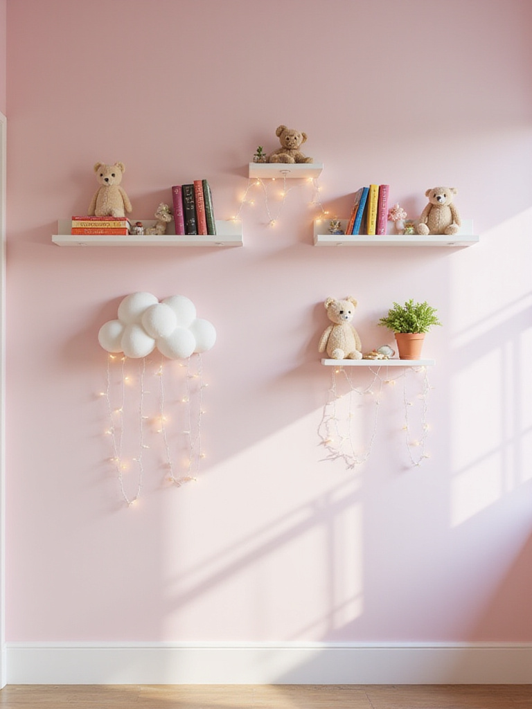 Girl's bedroom with decorative wall shelves displaying collectibles and trinkets