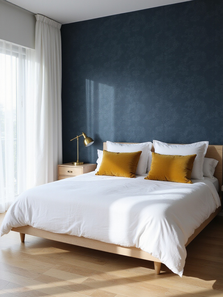 Sophisticated bedroom with deep blue geometric wallpaper and white linen bedding.