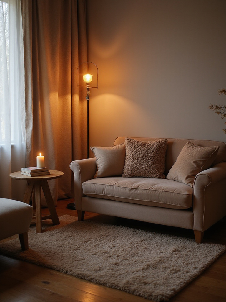 Cozy seating area with loveseat, pillows, and side table in a romantic bedroom