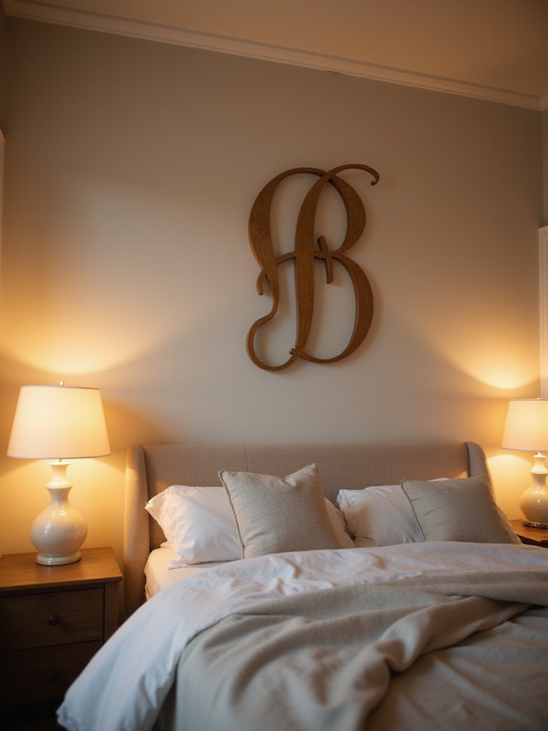 Bedroom wall with large wooden monogram letter above bed, creating a personalized and stylish space.