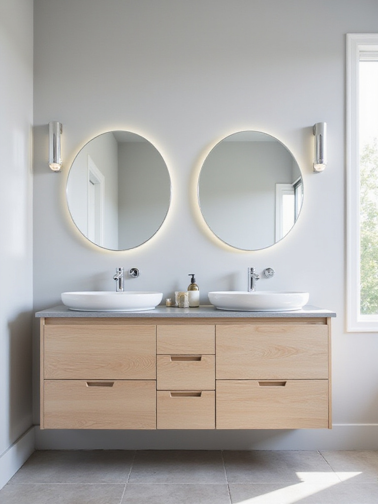 Modern bathroom with double vanity, two sinks, and LED-backlit mirrors.